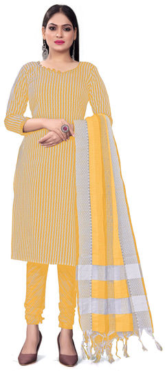 Yellow color Salwar Kameez in Cotton fabric with Weaving work