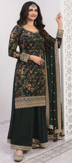 Green color Salwar Kameez in Georgette fabric with Digital Print, Sequence, Thread, Zari work