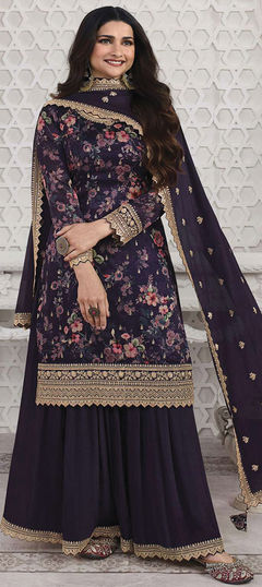 Blue color Salwar Kameez in Georgette fabric with Digital Print, Embroidered, Sequence, Thread, Zari work