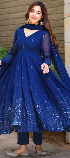 Festive, Reception Blue color Salwar Kameez in Georgette fabric with Anarkali Embroidered, Thread work : 1923149