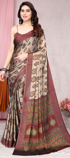 Beige and Brown color Saree in Faux Chiffon fabric with Printed work