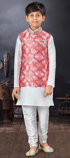 White and Off White color Boys Kurta Pyjama in Dupion Silk fabric with Floral, Printed work