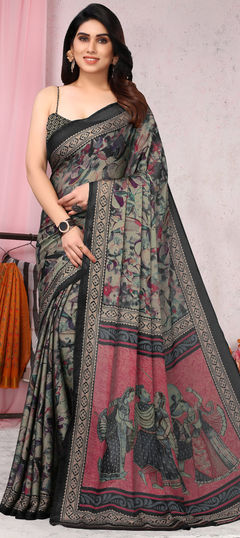 Black and Grey color Saree in Faux Chiffon fabric with Printed work