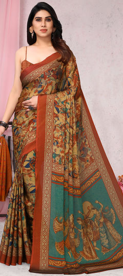 Orange color Saree in Faux Chiffon fabric with Printed work