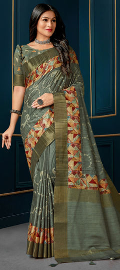 Green color Saree in Silk fabric with Digital Print, Embroidered, Thread work