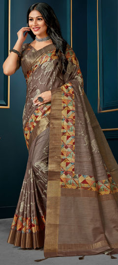 Beige and Brown color Saree in Silk fabric with Digital Print, Embroidered, Thread work