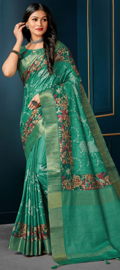 Green color Saree in Silk fabric with Digital Print, Embroidered, Thread work