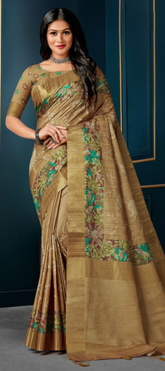 Beige and Brown color Saree in Silk fabric with Digital Print, Embroidered, Thread work