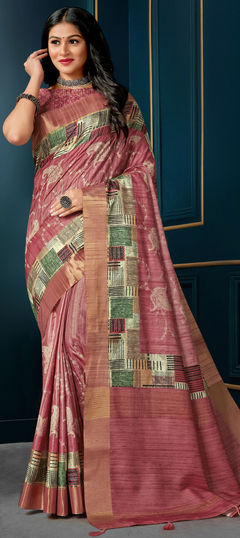 Pink and Majenta color Saree in Silk fabric with Digital Print, Embroidered, Thread work