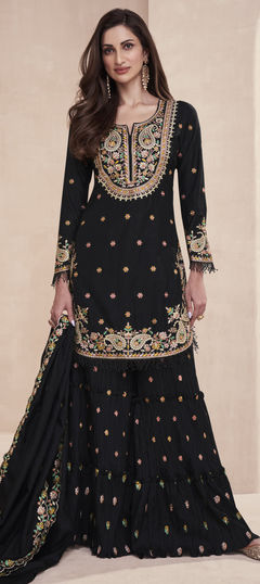 Black and Grey color Salwar Kameez in Silk fabric with Embroidered, Resham, Thread, Zari work