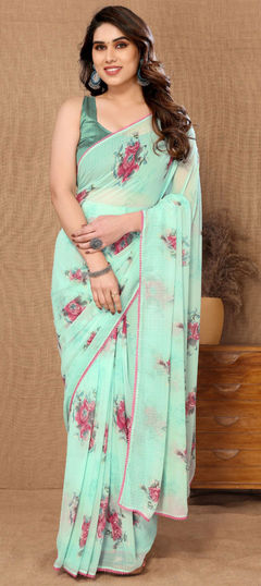 Blue color Saree in Georgette fabric with Lace, Printed work