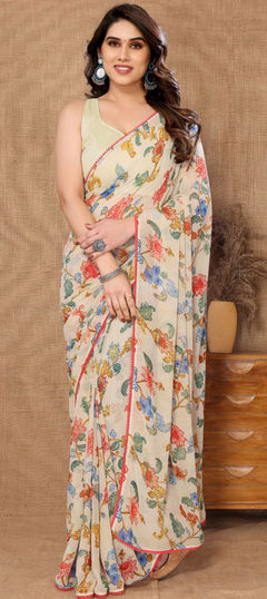 White and Off White color Saree in Georgette fabric with Lace, Printed work