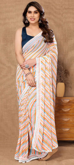 Orange color Saree in Georgette fabric with Lace, Printed work