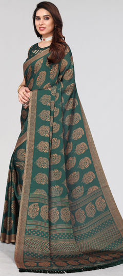 Green color Saree in Faux Chiffon fabric with Printed work