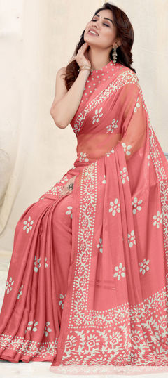 Pink and Majenta color Saree in Faux Chiffon fabric with Printed work