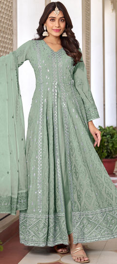 Festive, Reception, Wedding Green color Salwar Kameez in Faux Georgette fabric with Anarkali Embroidered, Sequence, Thread work : 1923454