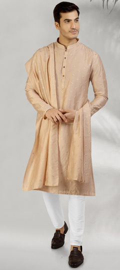 Beige and Brown color Kurta Pyjamas in Chanderi Silk fabric with Embroidered, Thread work