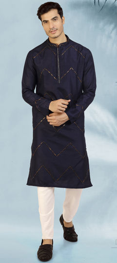 Blue color Kurta Pyjamas in Silk fabric with Embroidered, Thread work