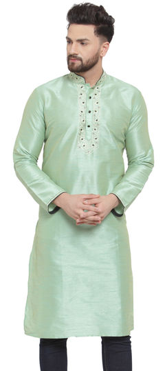 Green color Kurta in Dupion Silk fabric with Embroidered, Thread work