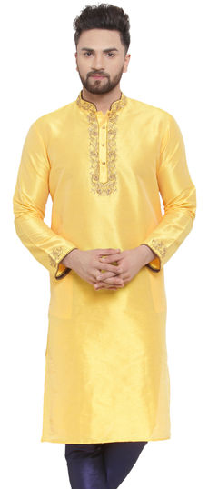 Yellow color Kurta in Dupion Silk fabric with Embroidered, Thread work