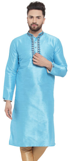 Blue color Kurta in Dupion Silk fabric with Embroidered, Thread work