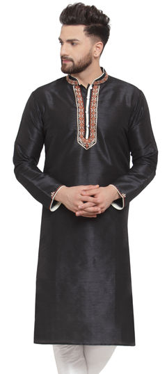 Black and Grey color Kurta in Dupion Silk fabric with Embroidered, Thread work