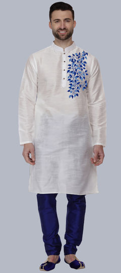 White and Off White color Kurta Pyjamas in Dupion Silk fabric with Embroidered, Thread work