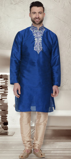 Blue color Kurta Pyjamas in Dupion Silk fabric with Embroidered, Thread work