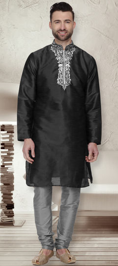 Black and Grey color Kurta Pyjamas in Dupion Silk fabric with Embroidered, Thread work