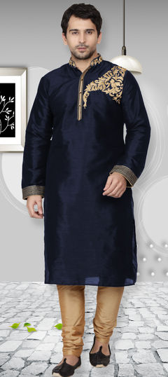 Blue color Kurta Pyjamas in Dupion Silk fabric with Embroidered, Thread work