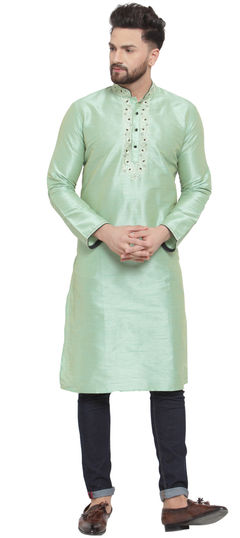 Green color Kurta Pyjamas in Dupion Silk fabric with Embroidered, Thread work