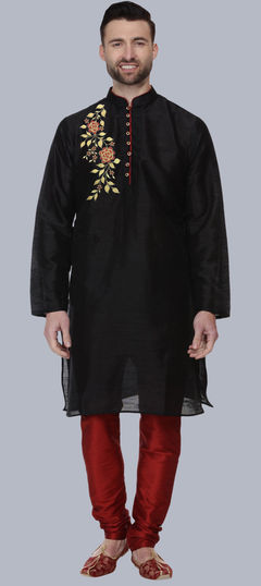 Black and Grey color Kurta Pyjamas in Dupion Silk fabric with Embroidered, Thread work