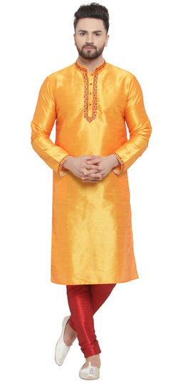 Orange color Kurta Pyjamas in Dupion Silk fabric with Embroidered, Thread work