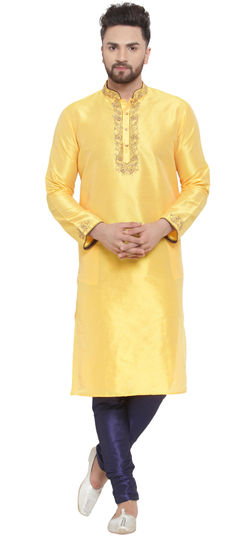 Yellow color Kurta Pyjamas in Dupion Silk fabric with Embroidered, Thread work