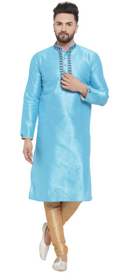 Blue color Kurta Pyjamas in Dupion Silk fabric with Embroidered, Thread work