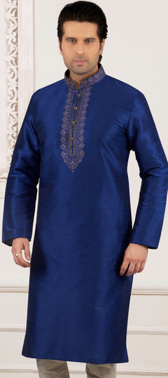 Blue color Kurta in Dupion Silk fabric with Embroidered, Thread work