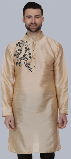 Gold color Kurta in Dupion Silk fabric with Embroidered, Thread work