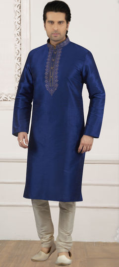 Blue color Kurta Pyjamas in Dupion Silk fabric with Embroidered, Thread work