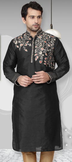 Black and Grey color Kurta in Dupion Silk fabric with Embroidered, Thread work