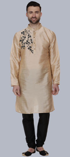 Gold color Kurta Pyjamas in Dupion Silk fabric with Embroidered, Thread work