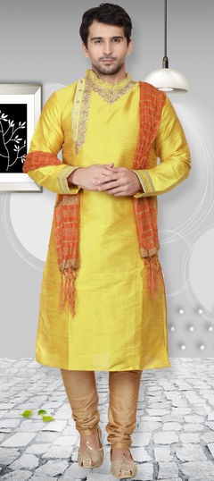 Yellow color Kurta Pyjamas in Dupion Silk fabric with Embroidered, Thread work