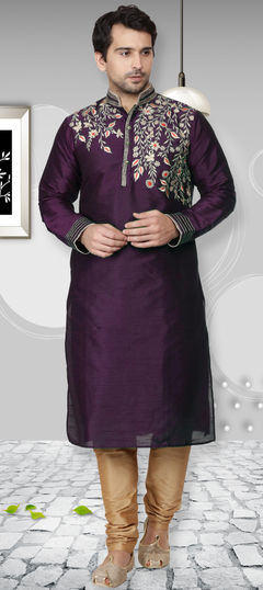 Purple and Violet color Kurta Pyjamas in Dupion Silk fabric with Embroidered, Thread work