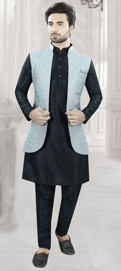 Black and Grey color Kurta Pyjama with Jacket in Silk fabric with Embroidered, Thread work