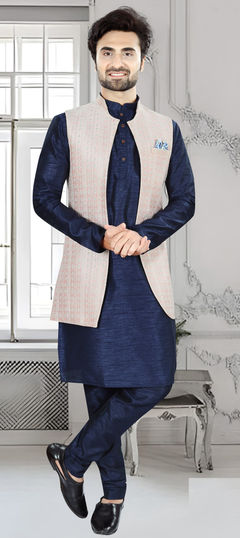 Blue color Kurta Pyjama with Jacket in Silk fabric with Thread, Weaving work