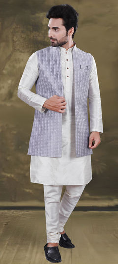 White and Off White color Kurta Pyjama with Jacket in Silk fabric with Thread, Weaving work