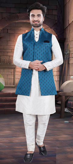 White and Off White color Kurta Pyjama with Jacket in Silk fabric with Thread, Weaving work