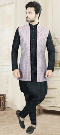 Black and Grey color Kurta Pyjama with Jacket in Silk fabric with Thread, Weaving work