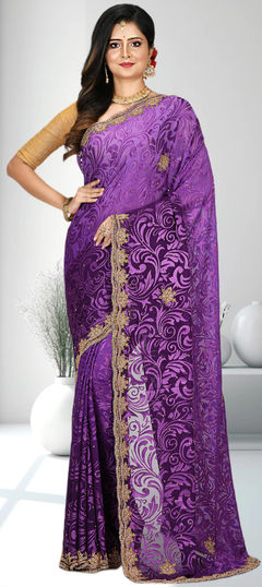 Purple and Violet color Saree in Brasso fabric with Bugle Beads, Cut Dana, Stone work