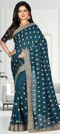 Blue color Saree in Silk fabric with Embroidered, Stone, Thread, Zari work