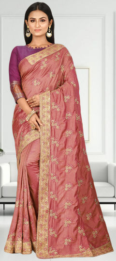 Pink and Majenta color Saree in Silk fabric with Border, Embroidered, Stone, Thread, Zari work